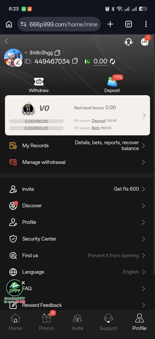 P999 Game account and VIP screen after P999 login